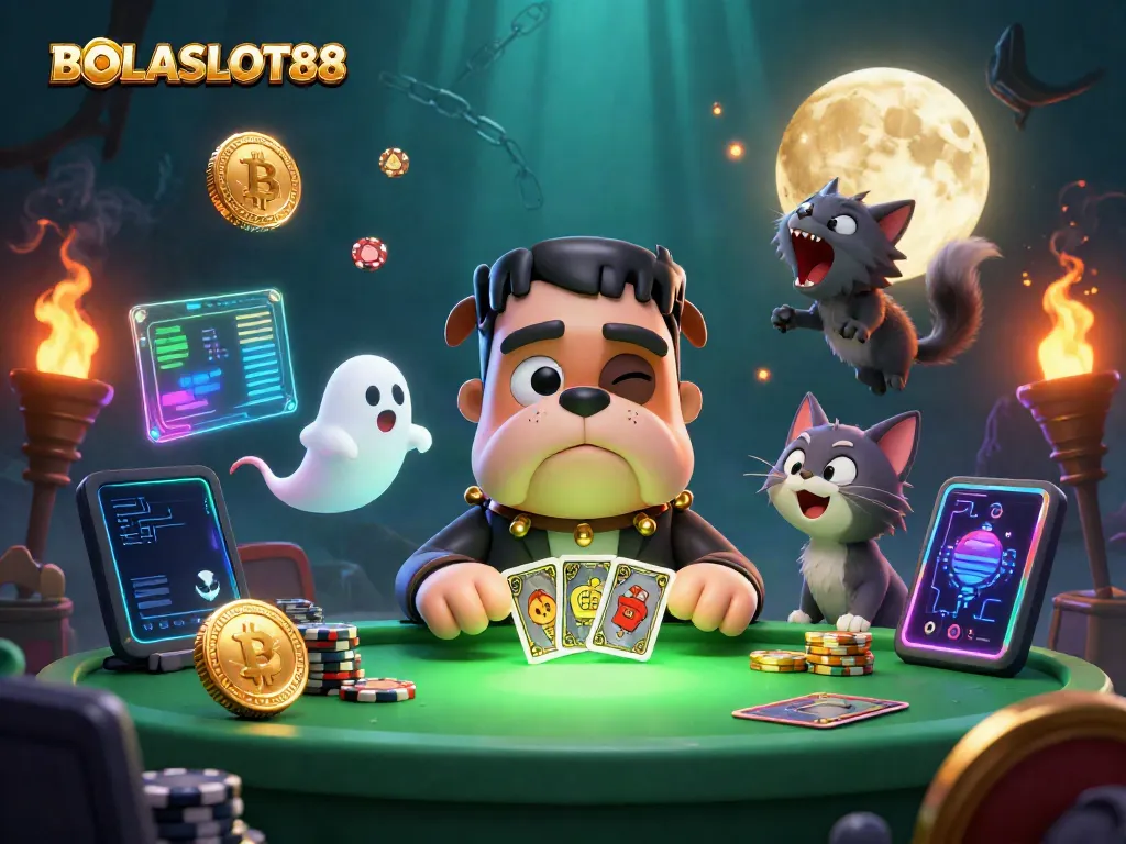 Experience BOLASLOT88 innovations with a cartoon bulldog dealer and ghostly elements at a gaming table.