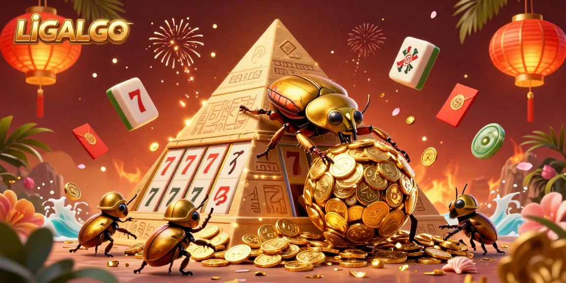 LIGALGO delivers thrilling online casino action with dynamic elements like golden coins, slot reels, and festive fireworks.