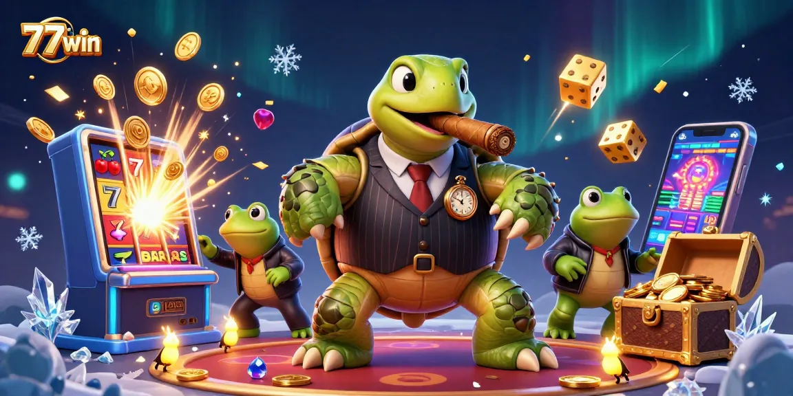 Engage in thrilling 77win casino games with a vibrant scene of a snapping turtle and bullfrogs.