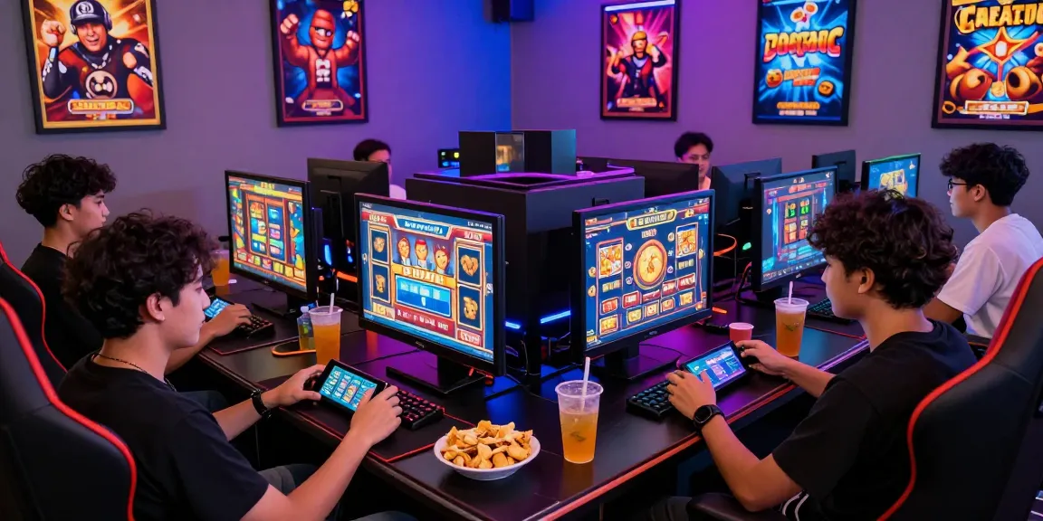 Group of friends experiencing the thrill of slot gacor 4d gaming in a lively gaming lounge.