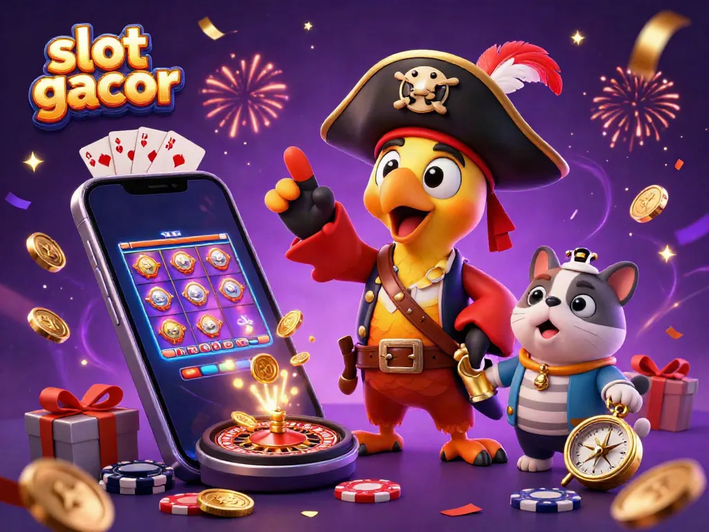Engage in the excitement of slot gacor with a colorful casino scene featuring a pirate captain, bulldog, and cat.
