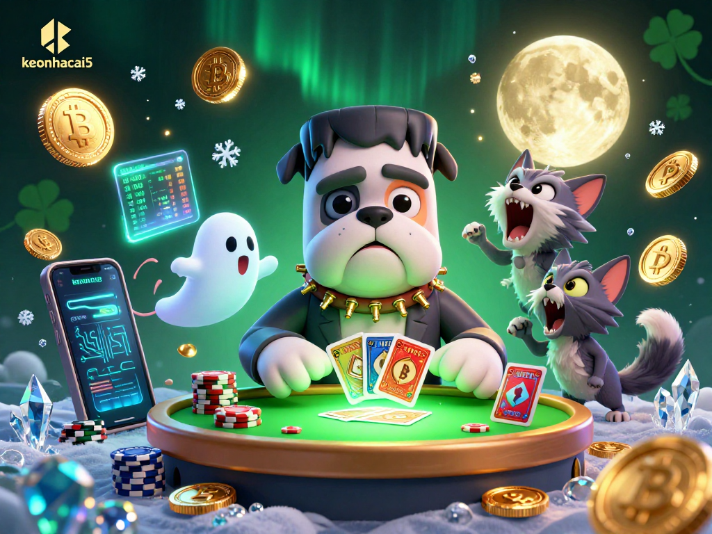 Experience thrilling gambling action with keonhacai5 at a haunted casino table featuring fantastic characters.