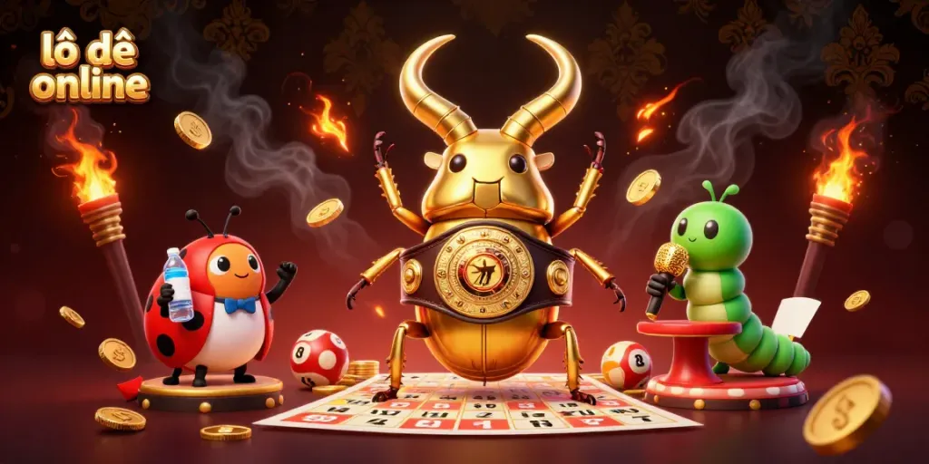 Engage in exciting lô đề online gameplay with golden characters and vibrant prize elements in a rich 3D setting.