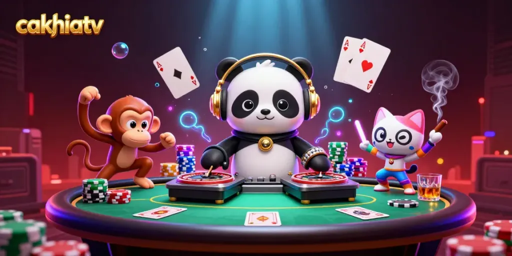 Experience exciting gaming vibes with cakhiatv's vibrant 3D casino scene featuring animated characters and dynamic elements.