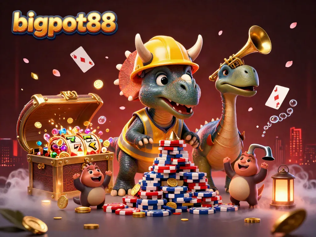 Bigpot88 showcases a dynamic casino scene with casino characters and slot reels in celebration.