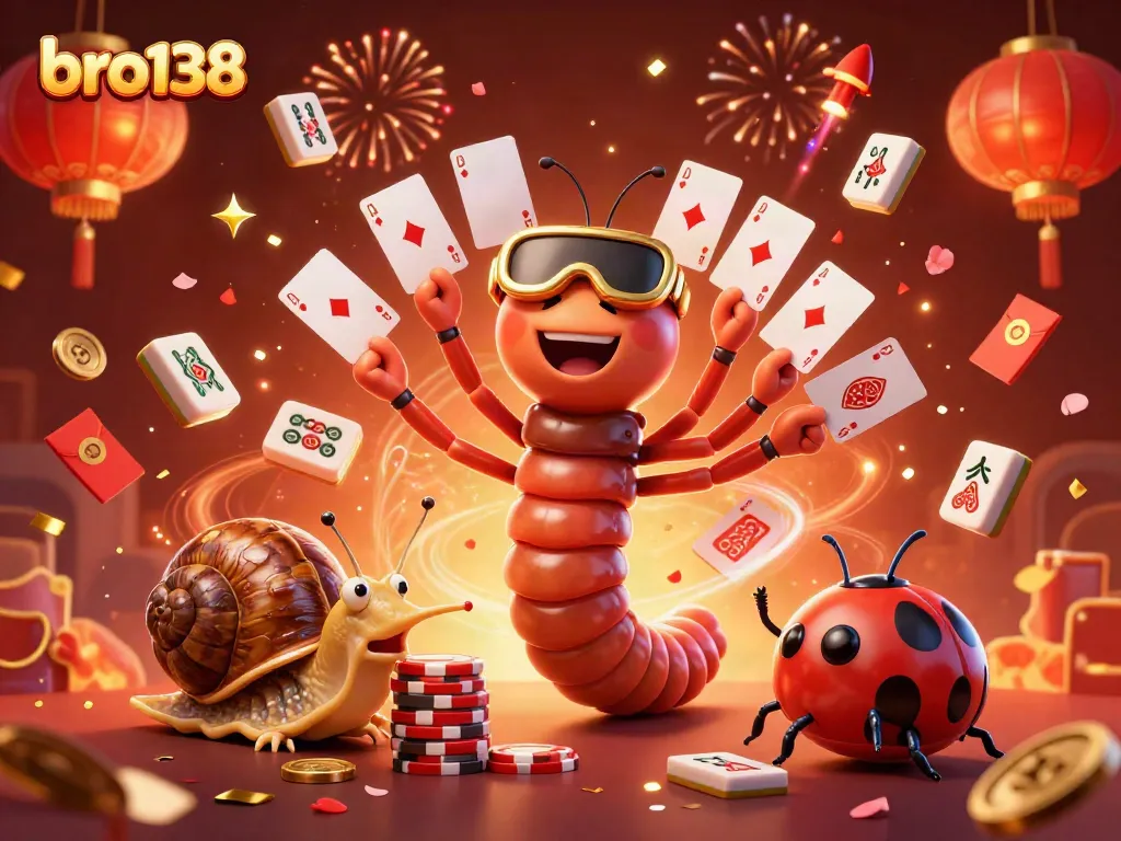 Play at bro138's vibrant online casino, featuring a unique 3D dealer with cards, a snail high-roller, and festive elements.