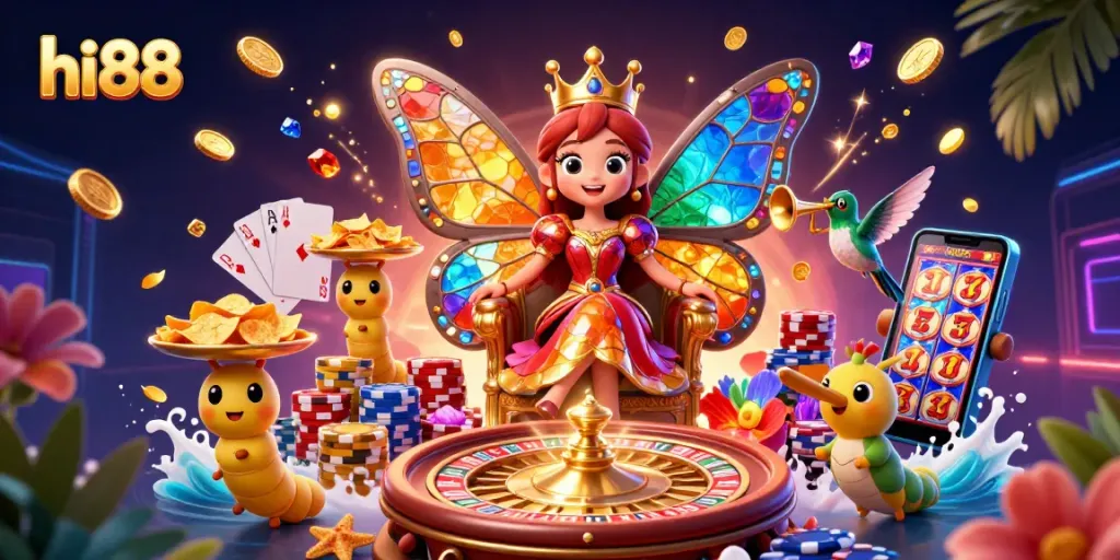 Bet on hi88 with the vibrant butterfly queen riding the excitement of a 3D casino world.
