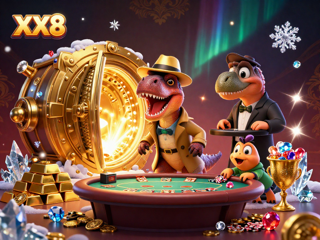 Engage with XX8's thrilling scene of a cartoon velociraptor card counter sneaking at a blackjack table.