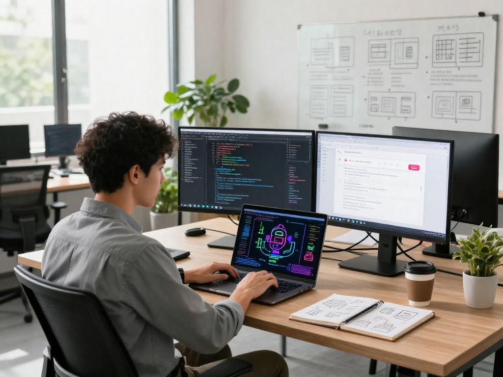 Engaging spicy ai development scene with a software engineer coding and vibrant AI visualizations in a modern workspace.