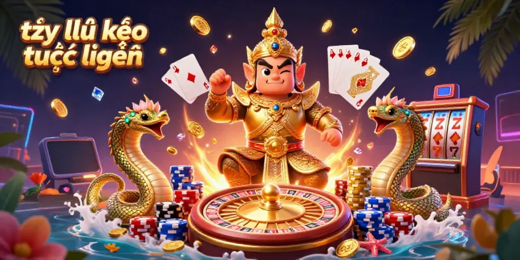 Experience tỷ lệ kèo trực tuyến with rich casino elements and vibrant 3D characters in a dynamic scene.