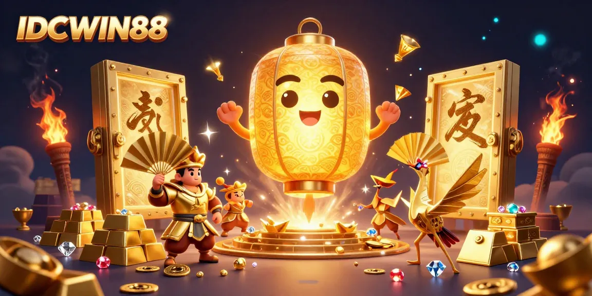 Play thrilling casino games at IDCWIN88 with golden treasures and vibrant spirits illuminating the night.