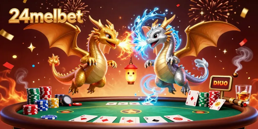 Watch twin dragons engage in fiery battles at 24melbet casino, amidst vibrant poker gameplay.