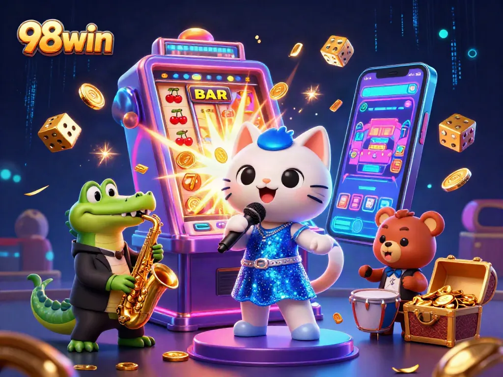 Experience dynamic wins with 98win, where slot machines burst with gold in a lively casino scene.
