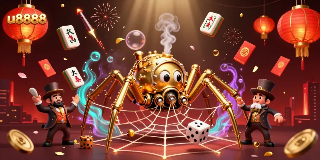 Engage with the u8888 gaming scene, featuring a steampunk spider and dice in a golden web.