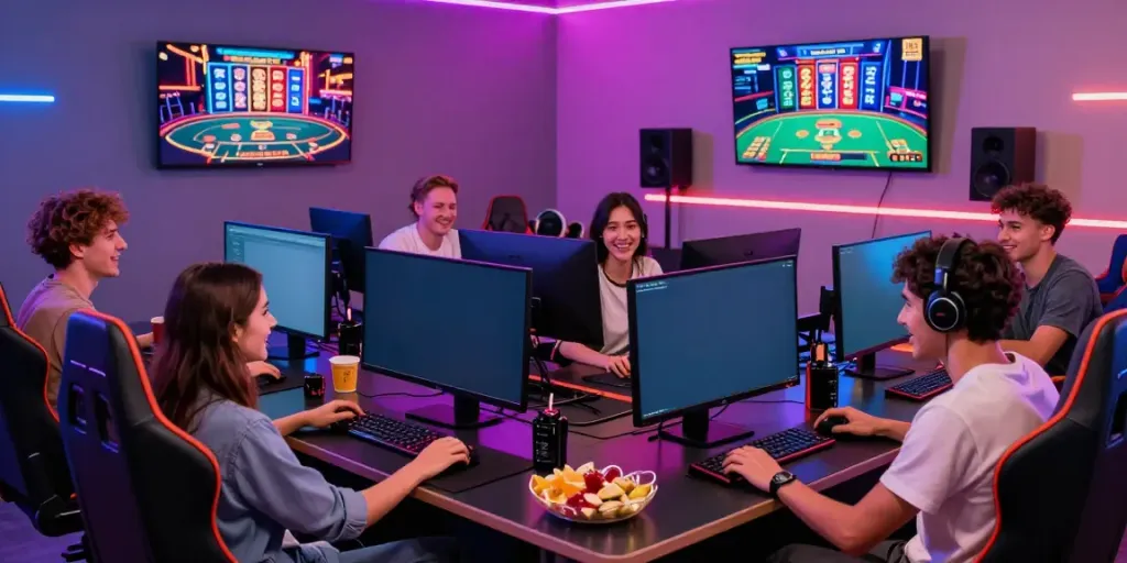 Group of diverse friends enjoying gaming at https://ee88a.exposed/ with vibrant lights and multiple screens.