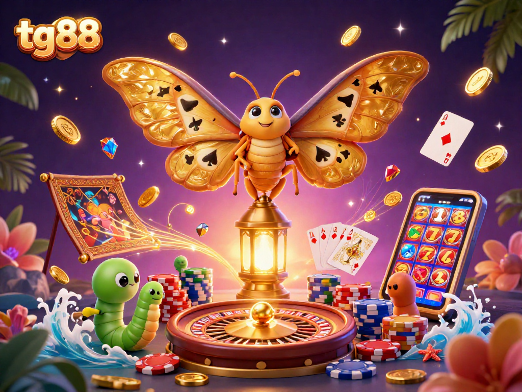 Experience the thrill of tg88's vibrant casino adventures with dazzling gold coins and a charming atlas moth.