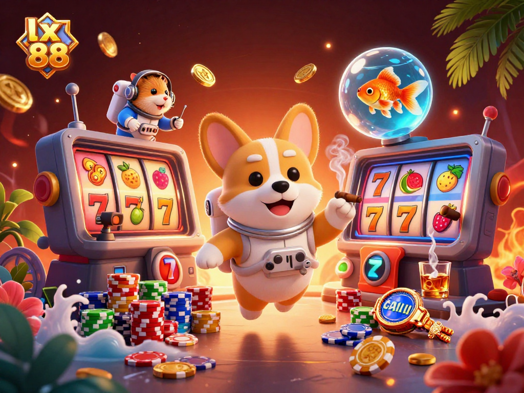 Experience the excitement of lx 88 with a vibrant 3D casino scene filled with characters and gaming elements.