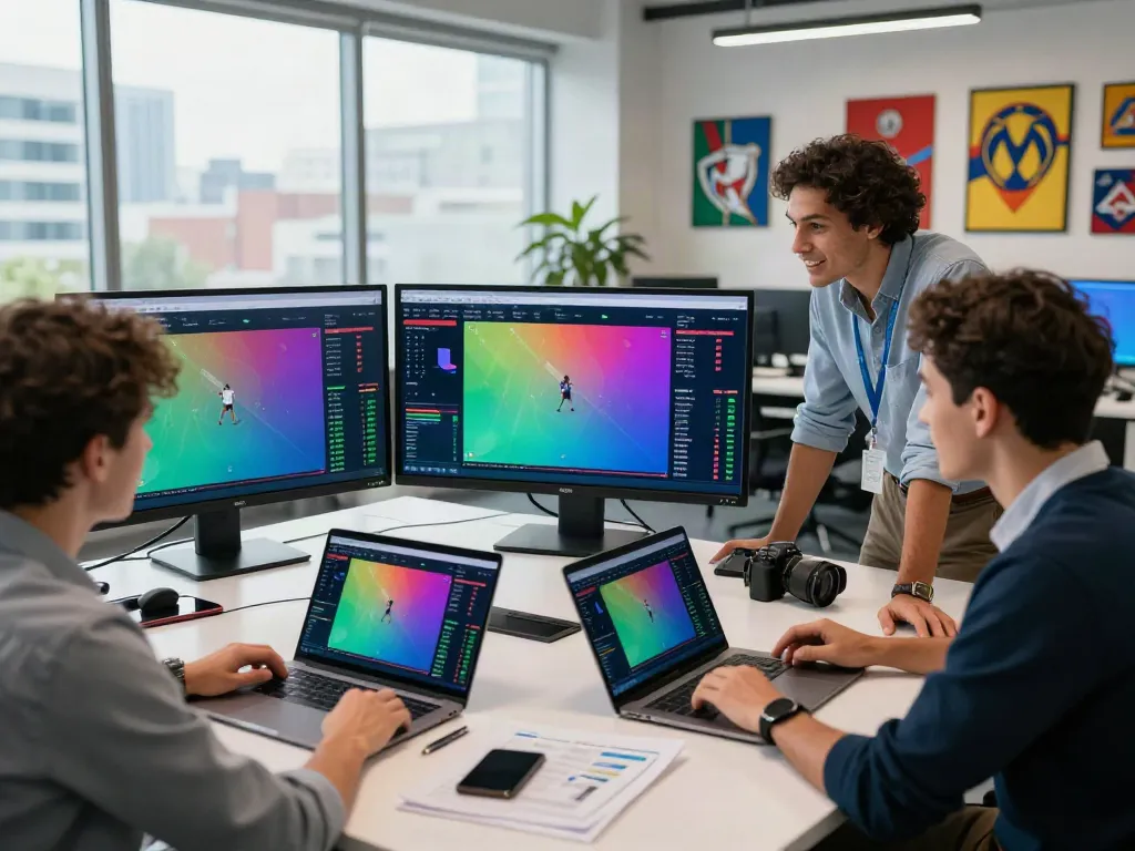 WWBOLA team analyzing game odds and statistics in a modern office.