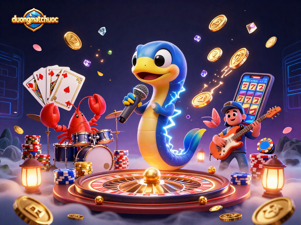 Engage in duongmatchuoc with electric eel DJ and friends amidst an underwater casino stage.