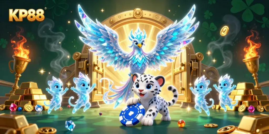 Engage in thrilling gameplay at KP88 with a vibrant 3D illustration showcasing exotic characters and dazzling treasures.