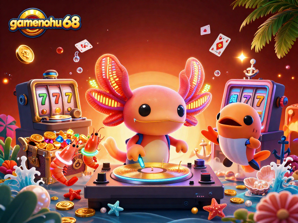 Engage with gamenohu68 in a vibrant casino scene featuring a neon axolotl DJ amidst slot machines and treasure