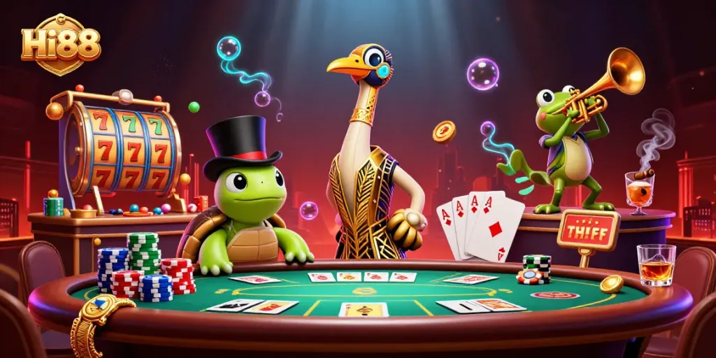 Experience thrilling games at Hi88 with colorful slot reels and casino characters in vibrant 3D illustration.
