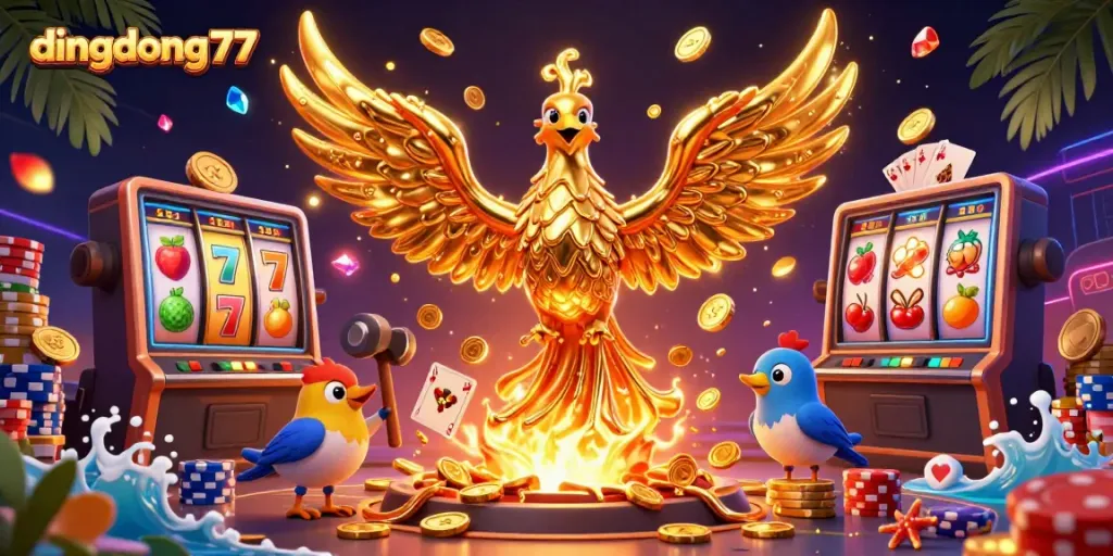 Dingdong77's golden phoenix rising in an ultra-detailed 3D casino scene filled with vibrant slot machine elements.