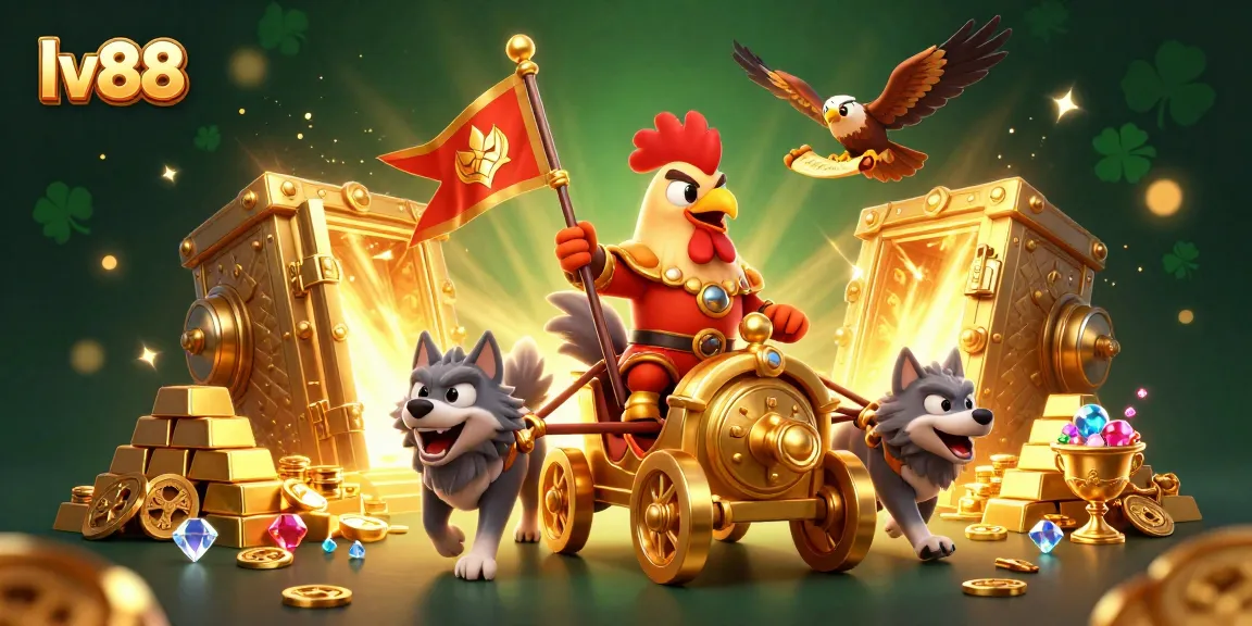 Experience thrilling victories with the lv88 casino, featuring a cartoon rooster warlord in an enchanting treasure scene.