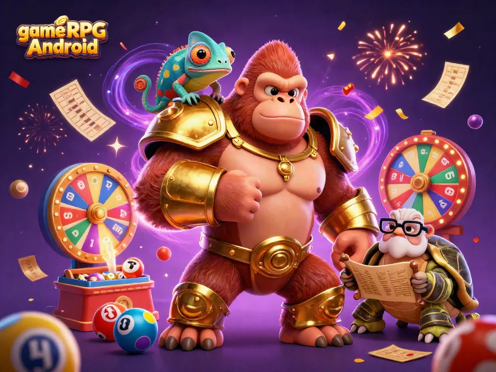 Permainan RPG Android menampilkan raja gorila yang kuat dan kreatif dengan bola lotere berwarna-warni yang melayang di sekelilingnya.