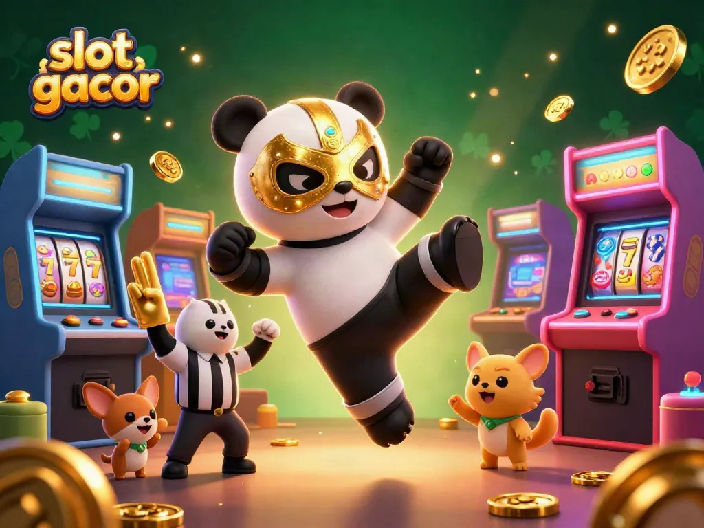 Engage with the thrilling slot gacor experience alongside a panda wrestler and energetic animal fans in this vibrant casino scene.