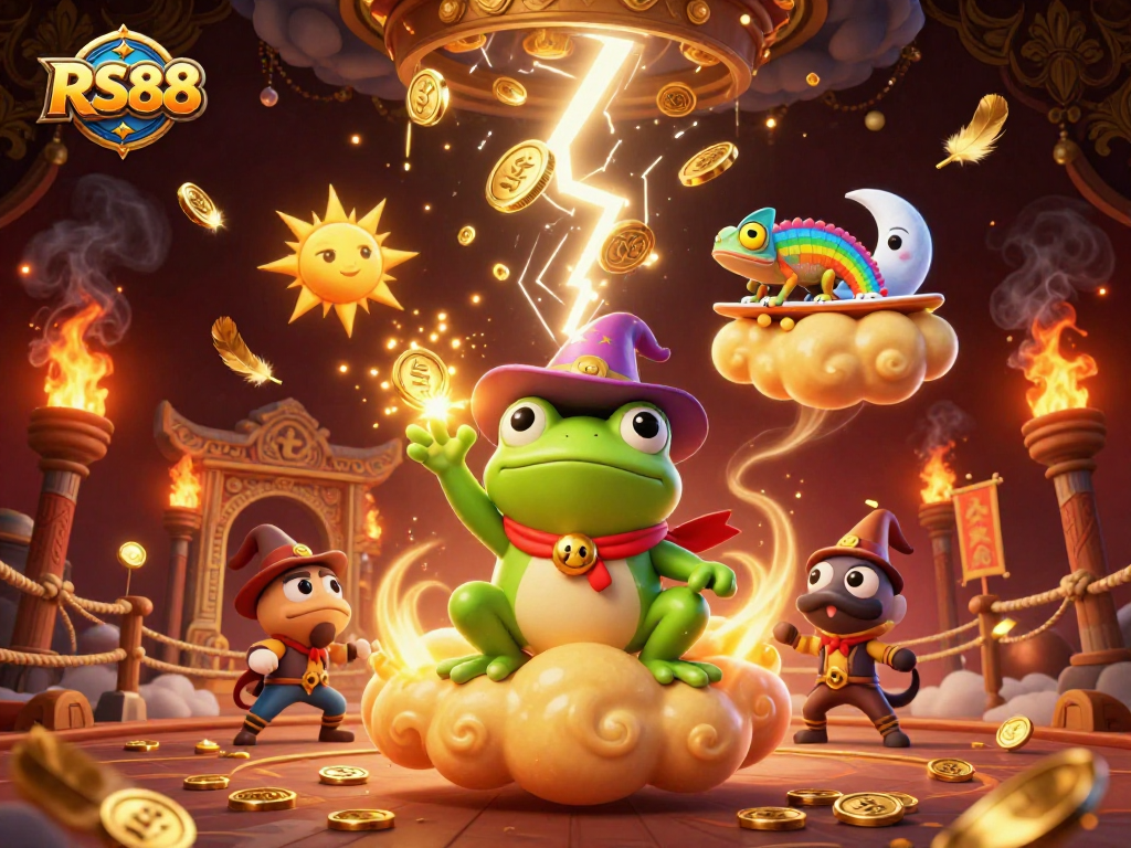 Experience the excitement of RS88 as a weather wizard frog conjures golden coins among vibrant casino elements.