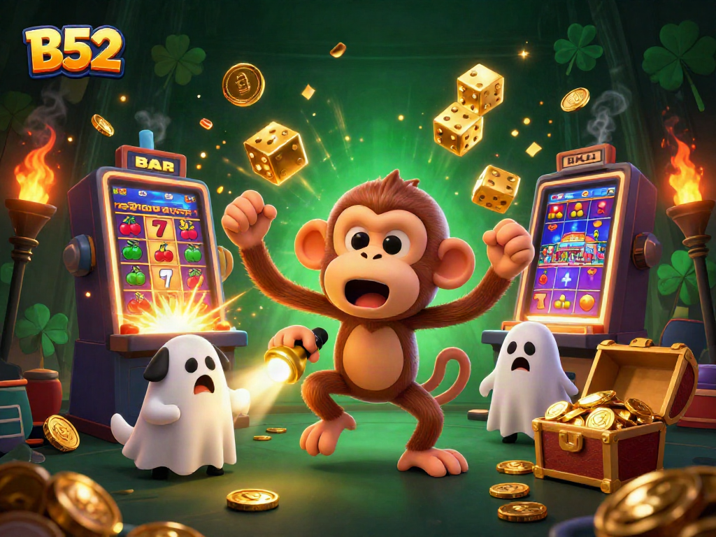B52 simulator with a mischievous monkey juggling winnings in a thrilling casino scene.