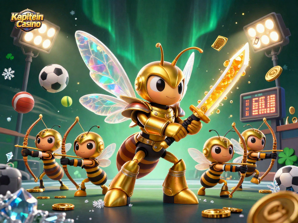 Kapitein Casino menampilkan hornet emas raksasa dalam armor samurai yang mengesankan, menyajikan aksi taruhan dengan suasana meriah.