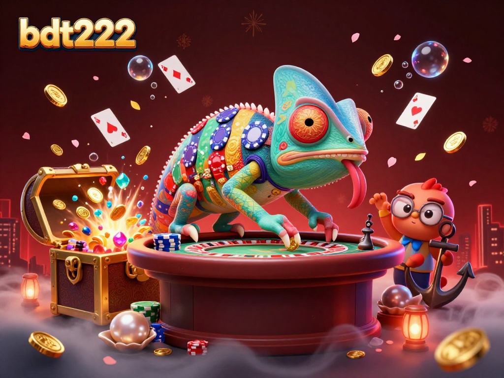 Winning at bdt222 with a vibrant casino-themed 3D illustration showcasing unique characters and dynamic elements