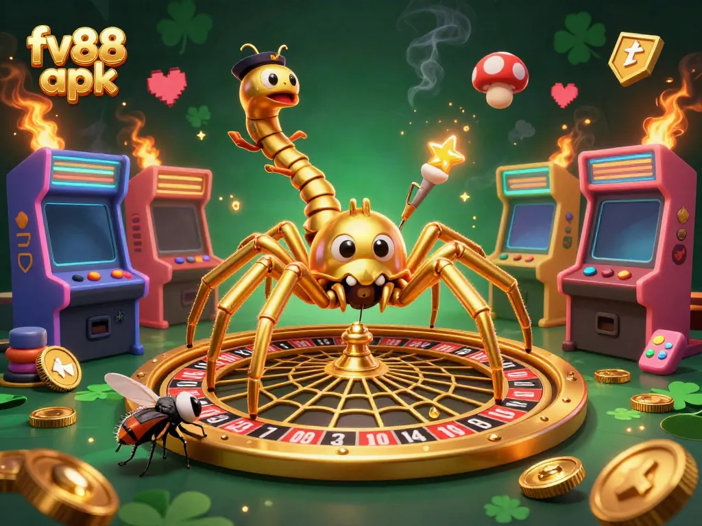 Experience excitement with the fv88 apk in a lively casino scene featuring a golden spider and colorful game elements.