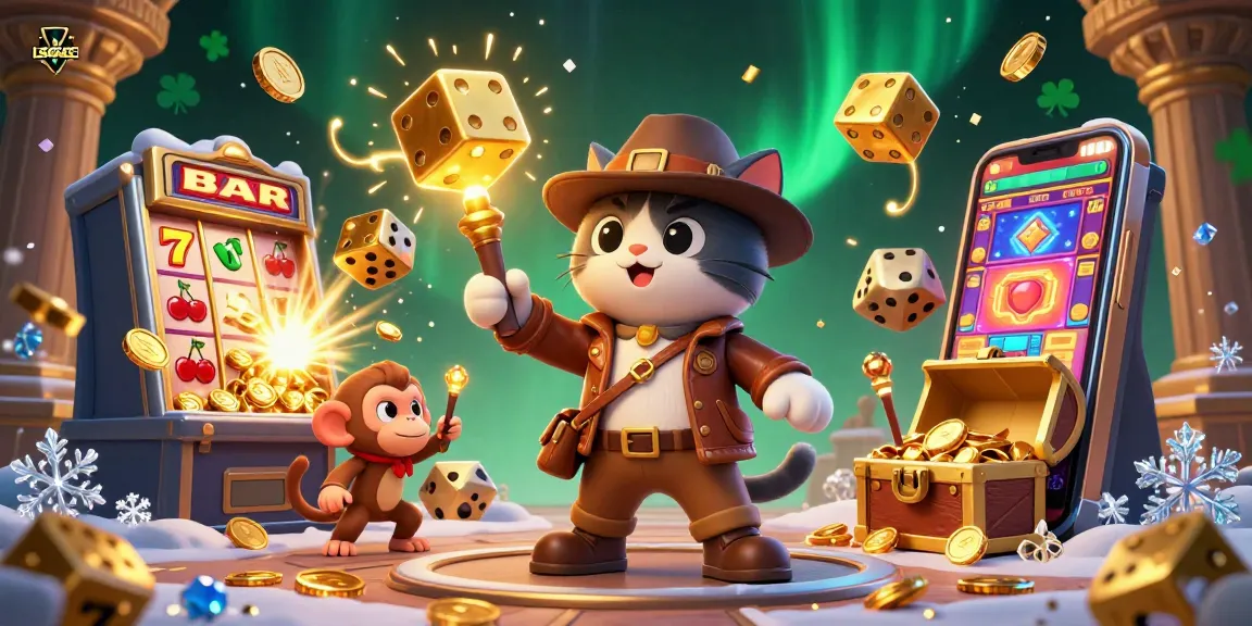 LGOACE showcases players winning at a vibrant, dynamic casino scene featuring a golden artifact and slot machine action.