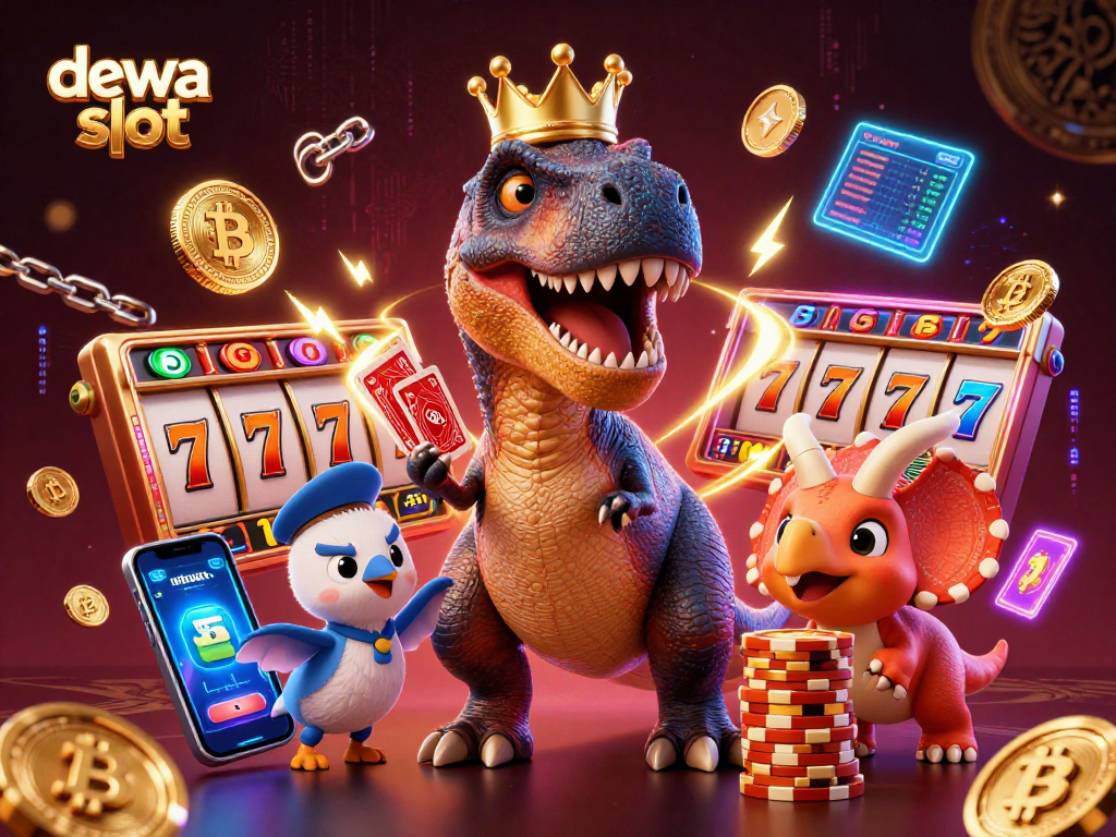 Experience the excitement of dewa slot gaming with friendly dinosaurs in action, shuffling cards and stacking chips.