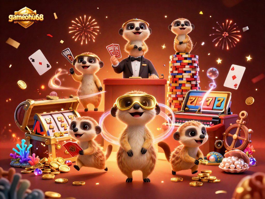 Experience gamenohu68 with animated meerkats juggling chips and treasures in a lively casino setting.