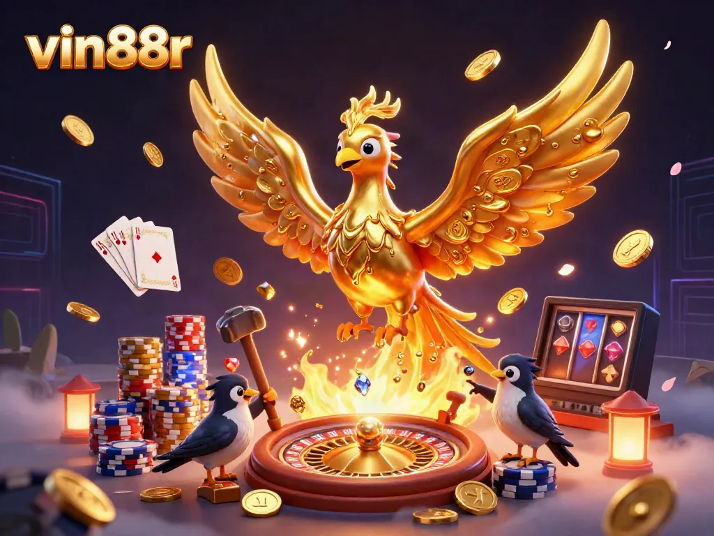 Experience the excitement of vin88r with a golden phoenix amidst casino elements and vibrant visuals.