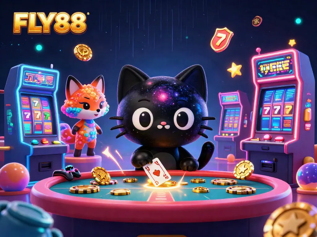 FLY88 engages players with a vibrant cosmic casino illustration featuring a black hole cat and colorful elements.