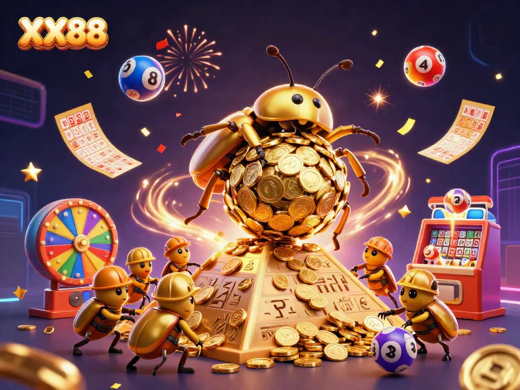 Experience the excitement of XX88 as a golden dung beetle rolls coins in a vibrant casino scene.