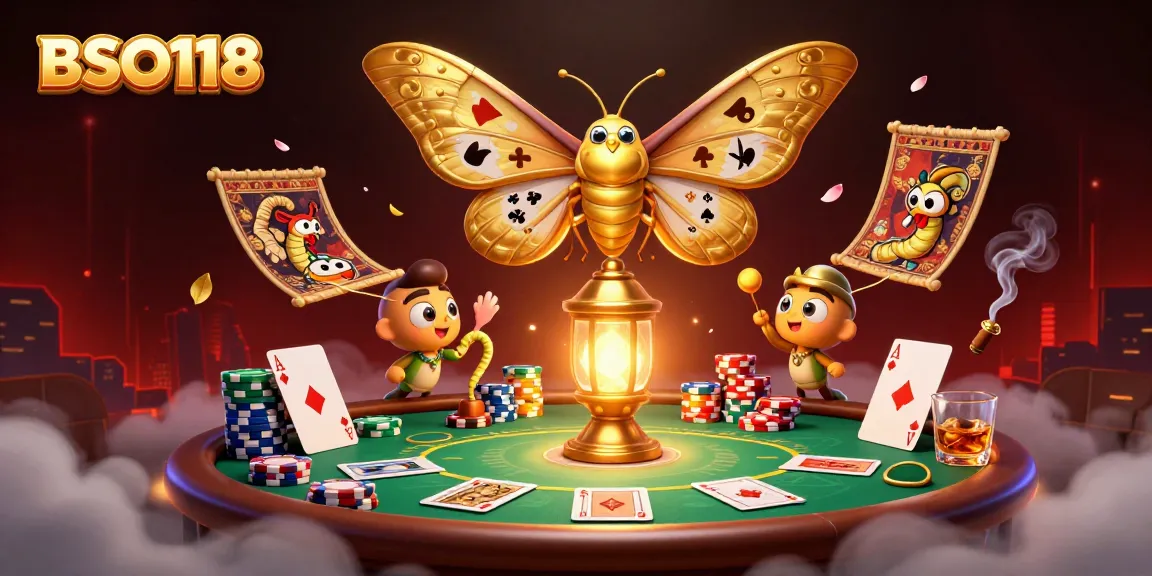 Engage with BSO118 casino dynamics featuring a majestic atlas moth amidst vibrant poker elements.