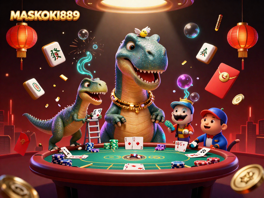 Engage in thrilling casino adventures with MASKOKI889 featuring vibrant 3D poker and character elements.