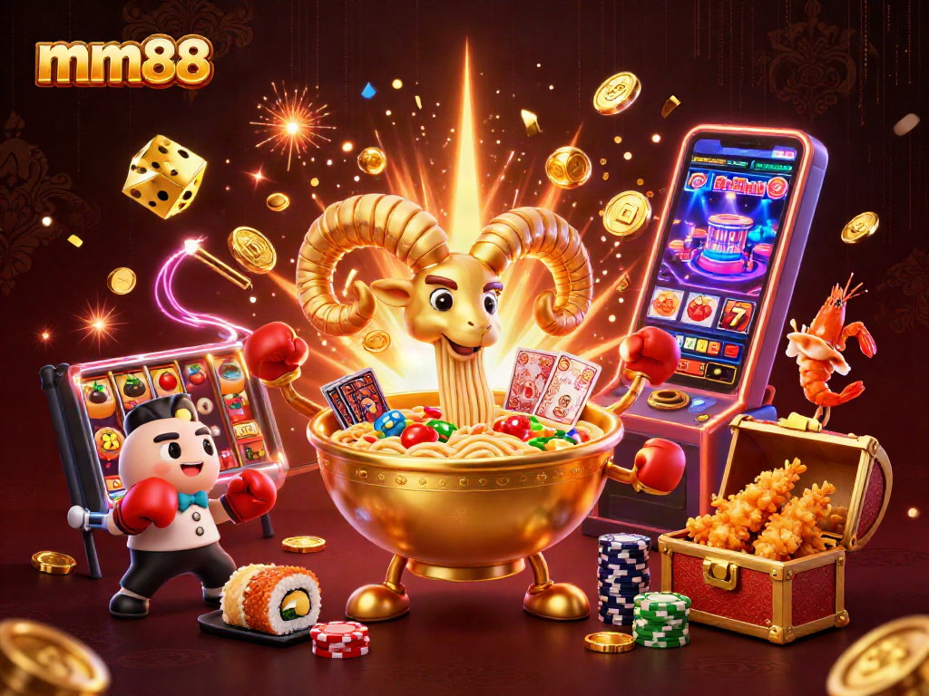 Experience mm88 with a bustling casino scene of characters and jackpot excitement exploding around them.