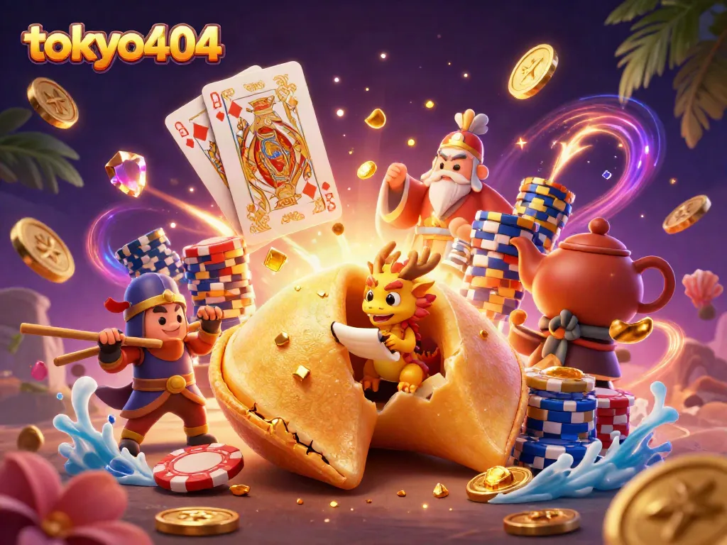 Play winning games with tokyo404, showcasing a vibrant golden fortune cookie and lively casino elements.