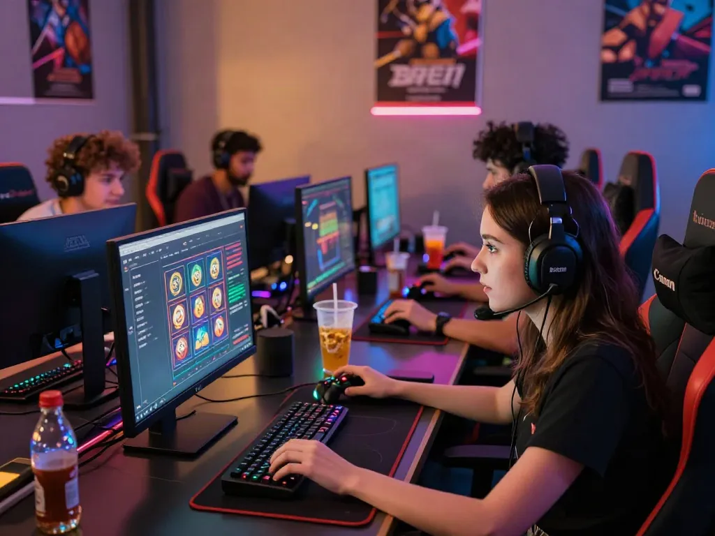 Engaged gamers enjoying the Bro138 online platform in a vibrant gaming room.