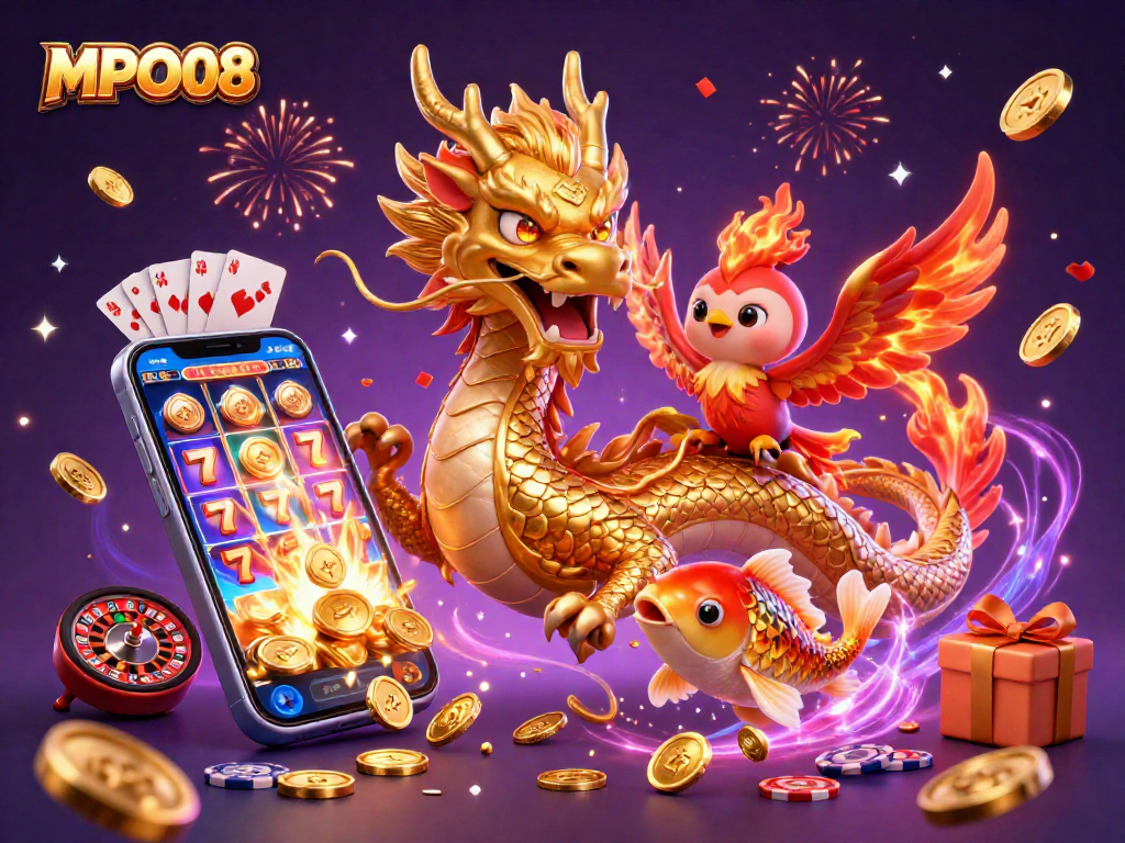 MPO08 showcases thrilling slot action with a powerful golden dragon and playful phoenix amidst golden coins and slot game excitement.
