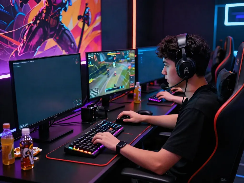 Competitive gamer immersed in luxury111 gameplay with advanced technology and vibrant setup.