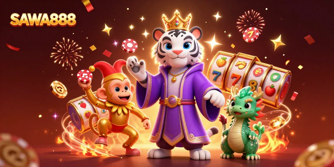 Engage in thrilling slots at SAWA888's vibrant online casino with a playful royal scene.