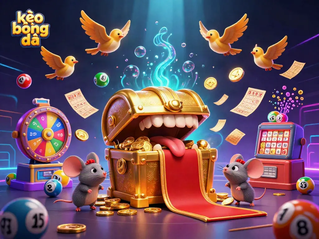 Engage with kèo bóng đá through an exciting illustration featuring dynamic game elements and treasures.